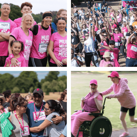 A collage of four images. Included are pictures of families hugging, a participant in a wheelchair and runners warming up.